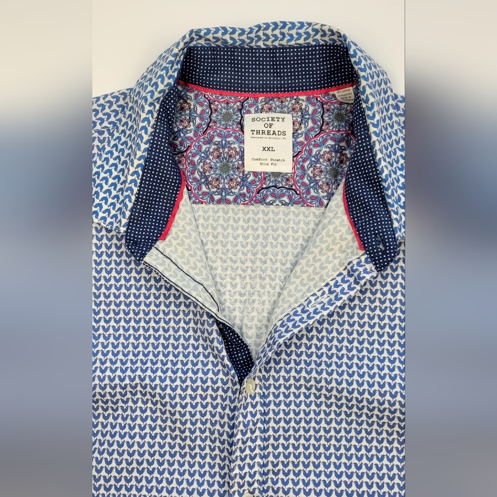 Society Of Threads Shirt Men – 2XL Blue Roosters Print Slim Fit Comfort Stretch - Picture 4 of 11